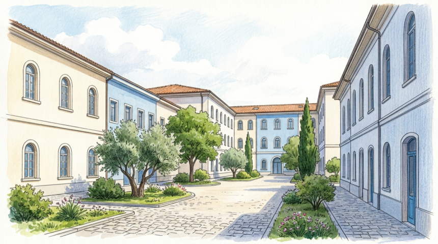 Illustration of a European healthcare campus courtyard with cream and blue buildings