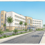 Illustration of a modern white and sand-toned private hospital with palm trees