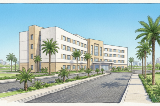 Illustration of a modern white and sand-toned private hospital with palm trees