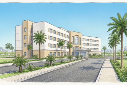 Illustration of a modern white and sand-toned private hospital with palm trees