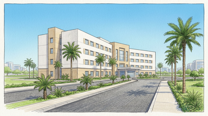 Illustration of a modern white and sand-toned private hospital with palm trees