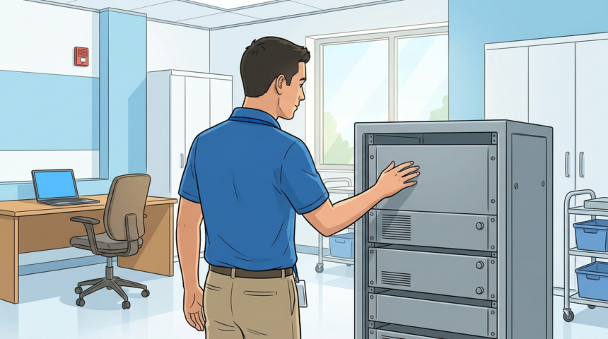 Hospital IT room with network appliance rack