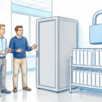 IT professionals beside blank server rack and locked patient files