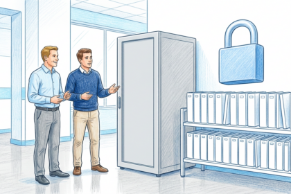 IT professionals beside blank server rack and locked patient files
