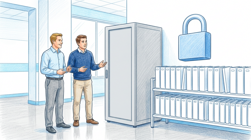 IT professionals beside blank server rack and locked patient files