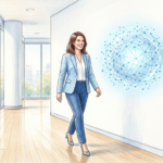 Professional walking past glowing AI network sphere in medical office corridor