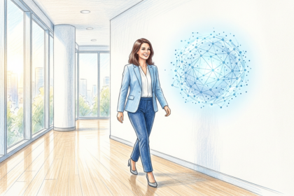 Professional walking past glowing AI network sphere in medical office corridor