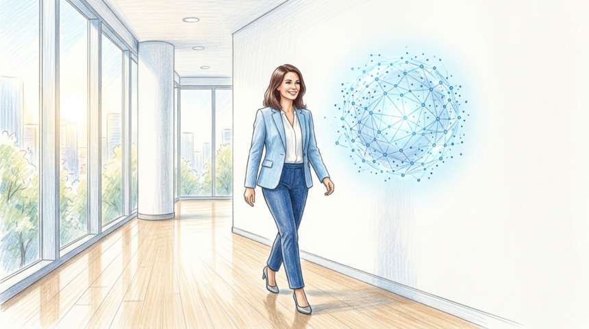 Professional walking past glowing AI network sphere in medical office corridor