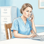 Home health nurse on the phone at a bright office desk