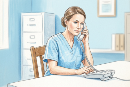 Home health nurse on the phone at a bright office desk