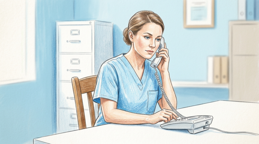 Home health nurse on the phone at a bright office desk