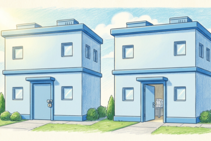 Twin medical office buildings, one padlocked and one open with files