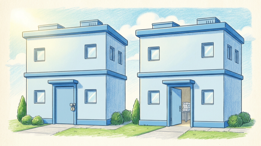 Twin medical office buildings, one padlocked and one open with files