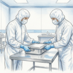 Hand-drawn illustration of technicians in a sterile biomaterial manufacturing cleanroom