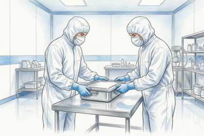 Hand-drawn illustration of technicians in a sterile biomaterial manufacturing cleanroom