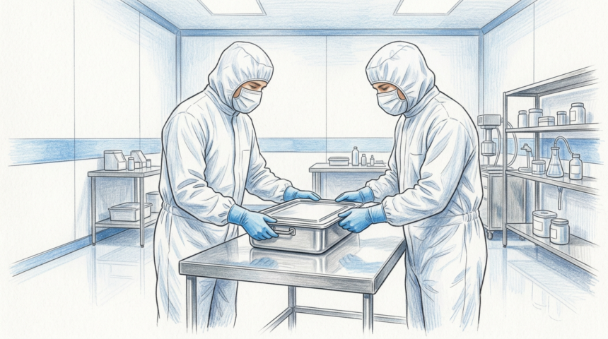 Hand-drawn illustration of technicians in a sterile biomaterial manufacturing cleanroom