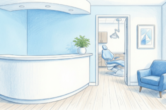 Hand-drawn illustration of a modern dental practice reception room