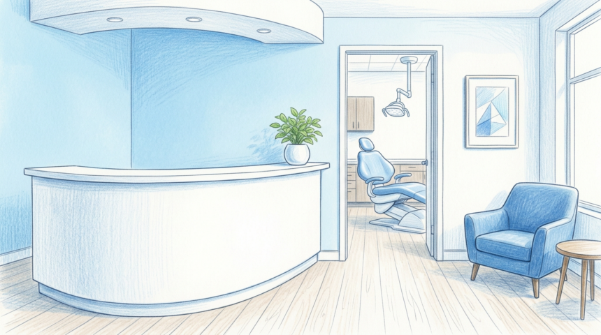 Hand-drawn illustration of a modern dental practice reception room
