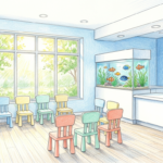 Hand-drawn illustration of a bright pediatric dental clinic waiting room