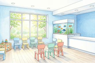 Hand-drawn illustration of a bright pediatric dental clinic waiting room