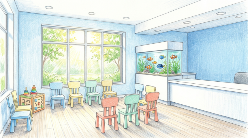 Hand-drawn illustration of a bright pediatric dental clinic waiting room