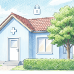 Hand-drawn illustration of a small European medical clinic with a padlock icon above the roof