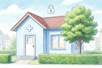 Hand-drawn illustration of a small European medical clinic with a padlock icon above the roof