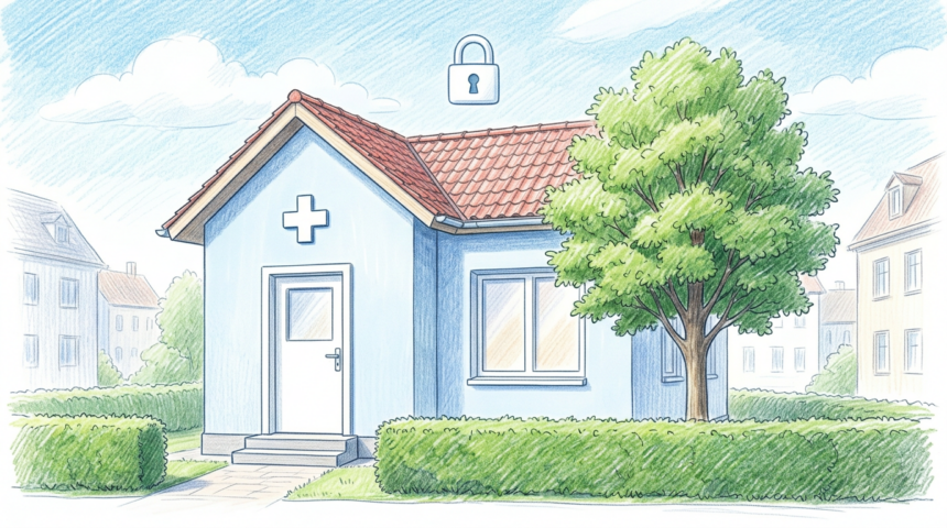 Hand-drawn illustration of a small European medical clinic with a padlock icon above the roof