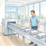 Mail fulfillment conveyor with blank envelopes at a healthcare communications vendor