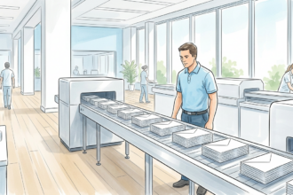 Mail fulfillment conveyor with blank envelopes at a healthcare communications vendor