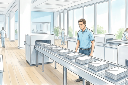 Mail fulfillment conveyor with blank envelopes at a healthcare communications vendor