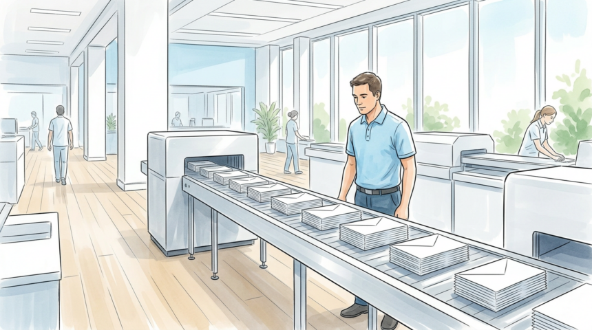Mail fulfillment conveyor with blank envelopes at a healthcare communications vendor