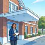 Counselor outside a community behavioral health center holding a letter