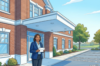 Counselor outside a community behavioral health center holding a letter