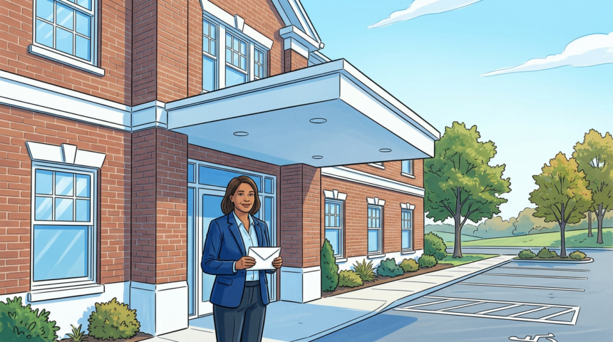 Counselor outside a community behavioral health center holding a letter