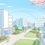 Modern Japanese hospital campus with network connection arcs