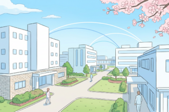 Modern Japanese hospital campus with network connection arcs