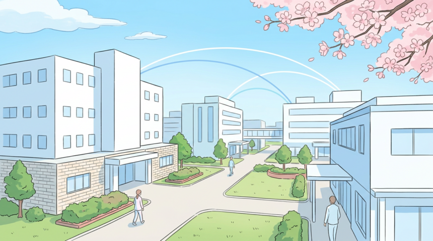 Modern Japanese hospital campus with network connection arcs
