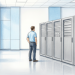 Health IT operations center with server racks and technician