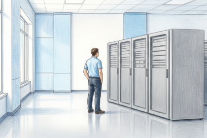 Health IT operations center with server racks and technician