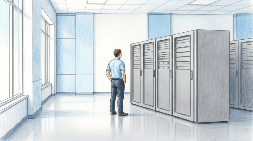 Health IT operations center with server racks and technician
