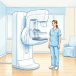 Bright mammography suite with technician beside the scanner
