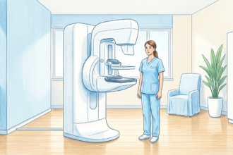 Bright mammography suite with technician beside the scanner