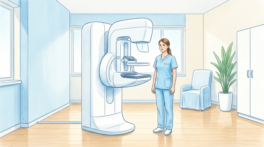 Bright mammography suite with technician beside the scanner