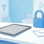 Office desk with tablet face down, padlock and envelope