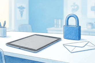Office desk with tablet face down, padlock and envelope