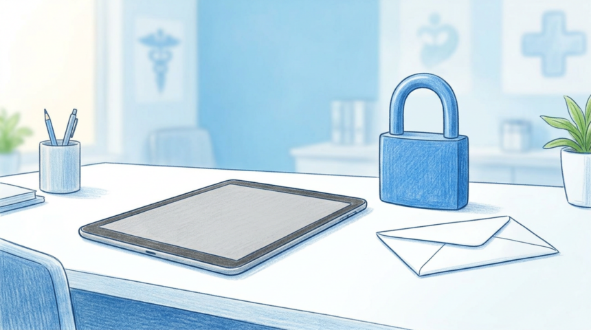 Office desk with tablet face down, padlock and envelope