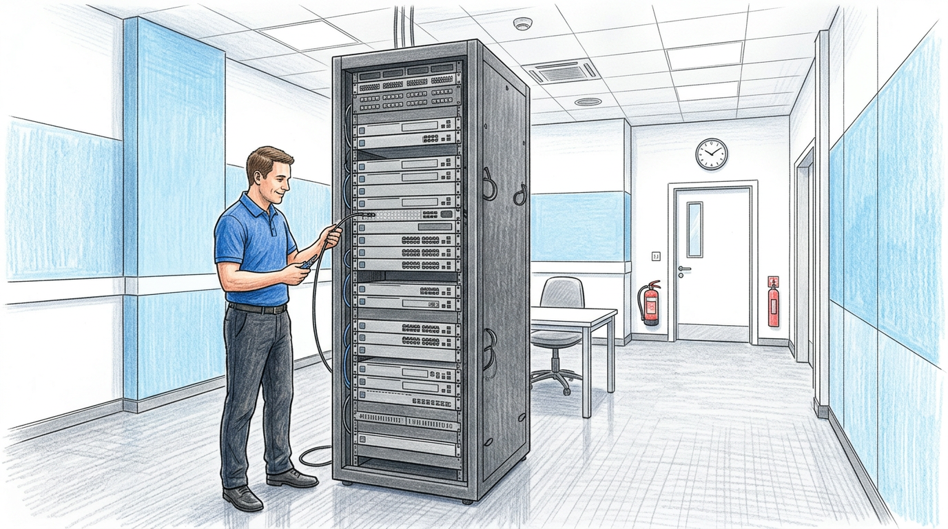 Hand-drawn illustration of a hospital IT operations room with a technician beside a rack of plain networking equipment.