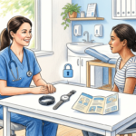 Nurse and patient in a bright clinic reviewing a wearable health device and a tablet.
