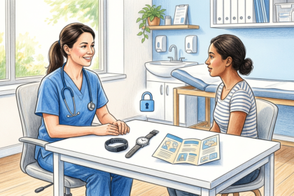 Nurse and patient in a bright clinic reviewing a wearable health device and a tablet.